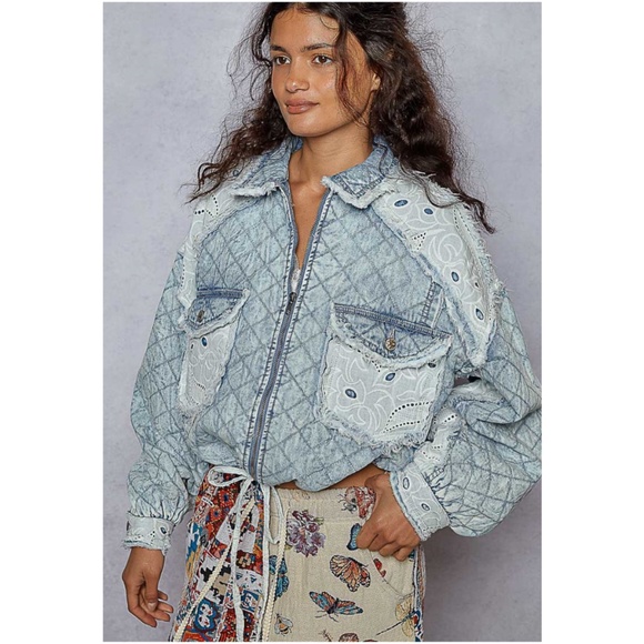 POL Jackets & Blazers - POL Acid Wash Denim Zip up Lace Quilted Jacket